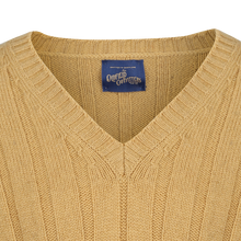 1930s ribbed v neck sweater in wool - colour Flax